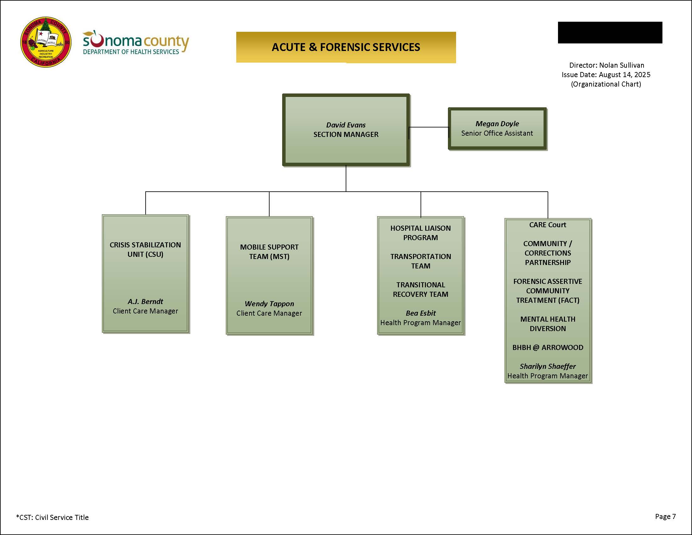 Acute & Forensic Services Organizational Chart